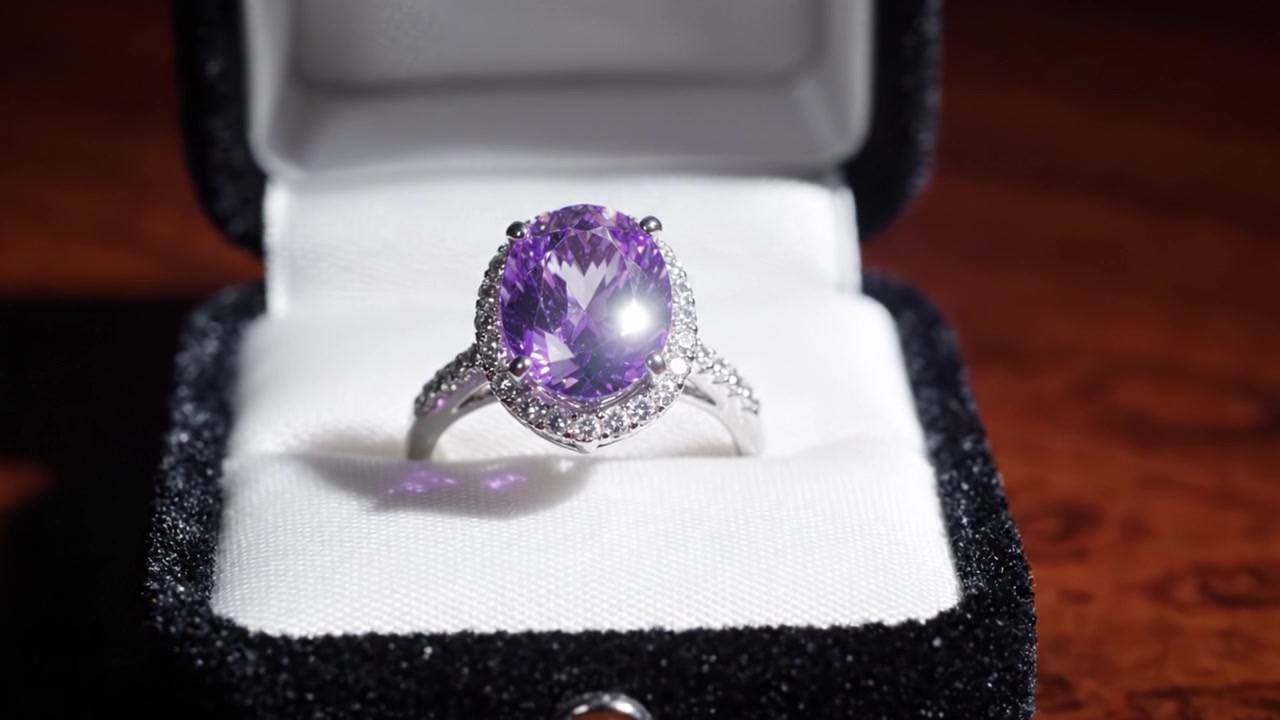 En elegant presentation av en fantastisk ring inbäddad i en lyxig sammetsask, som framhäver unikt hantverk och en briljant ädelsten i fängslande detalj