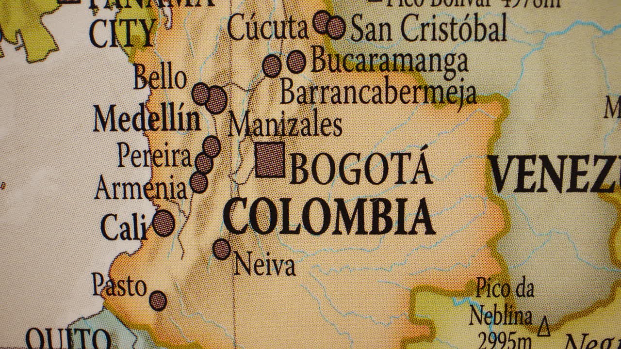 A close-up view of Colombia and neighboring countries on a political map