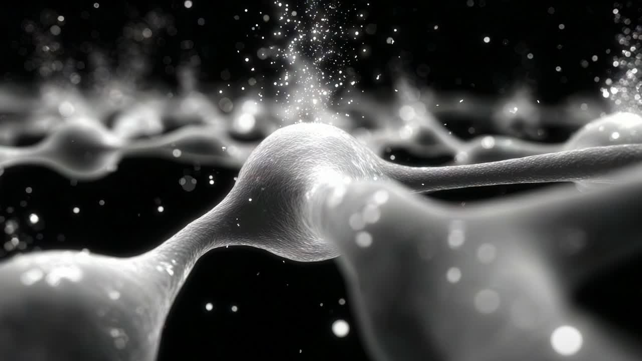 An intricate close-up view of a network of neurons illuminated by sparkling particles, showcasing the complexity of neural connections in a stunning black and white composition