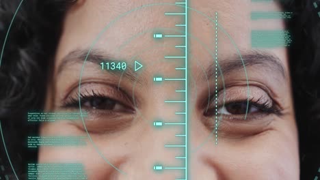 animation of data processing over biracial female doctor smiling