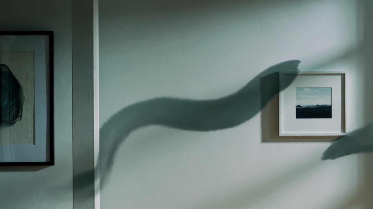 Sweeping shadow lobes moving across hall wall by trim and two framed pictures, sunlight shifting