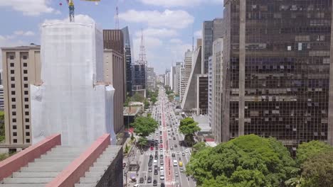 sao paulo's busy business city center with tourist landmarks and buildings in avenida paulista street- aerial footage of traffic in brazil