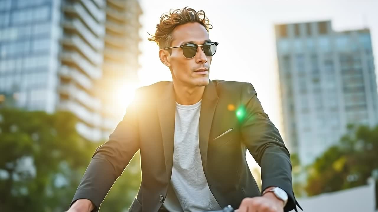 A man in a suit and sunglasses riding a bike