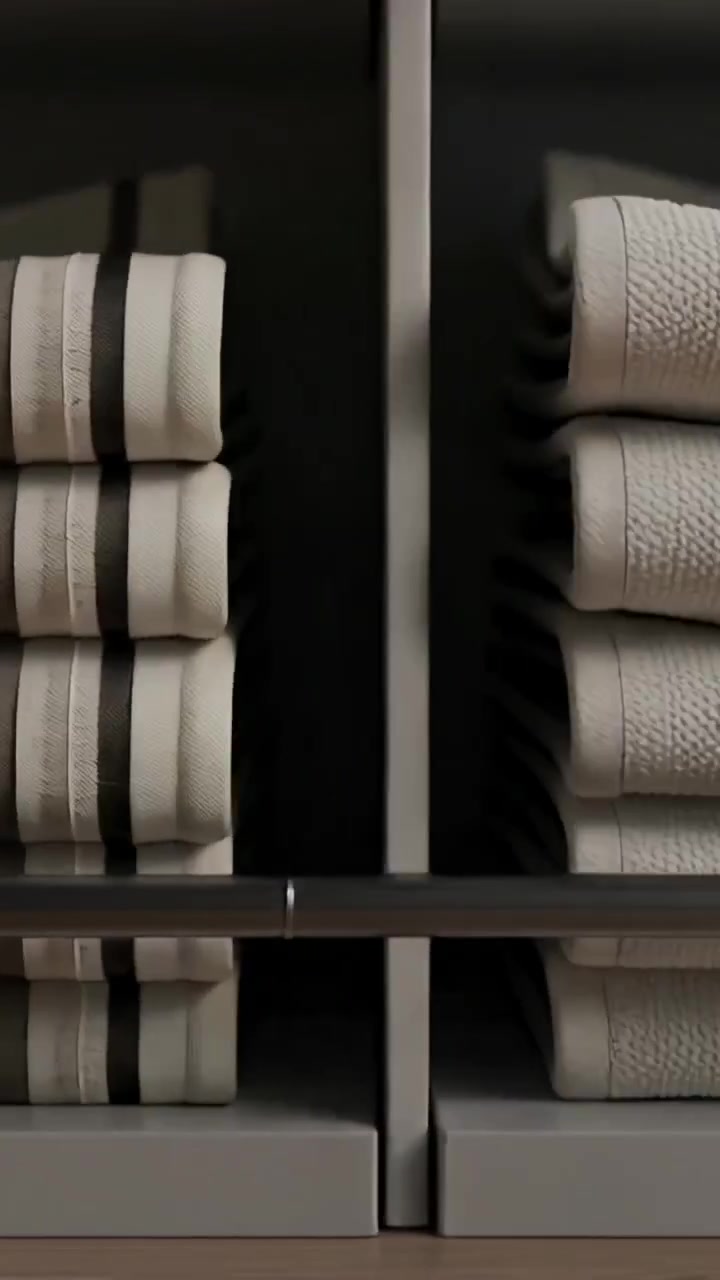 Vertical video: Shifting camera revealing stacked beige towels in cubby, showing weave, neat folds