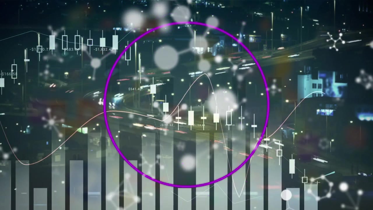 Animation of data processing and road on black background