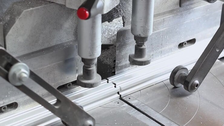A Large industrial grade Mitre Saw in a workshop saws through a thick aluminium extrusion.