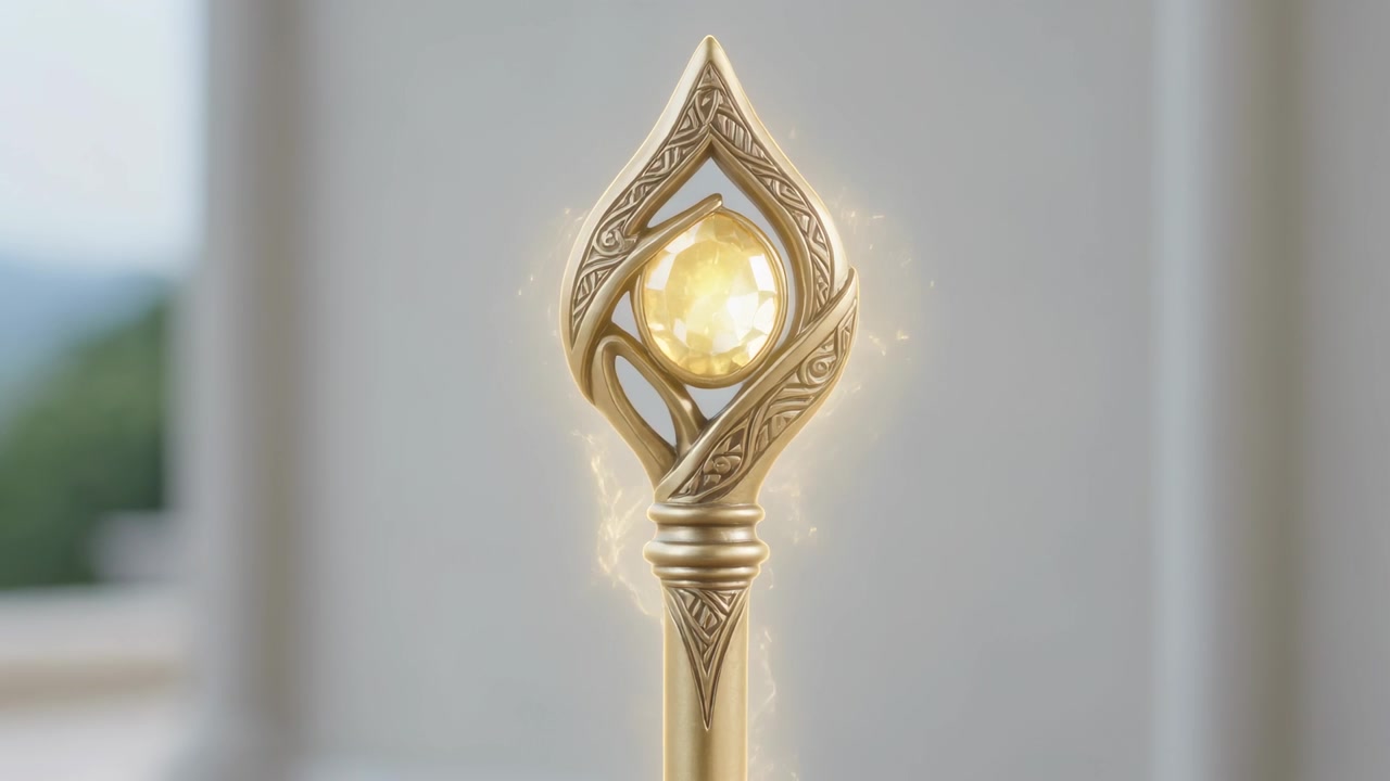 Punta di un bastone d'oro ornato che emette un bagliore soffuso, rivelando una filigrana alla finestra, con l'energia di una gemma gialla.