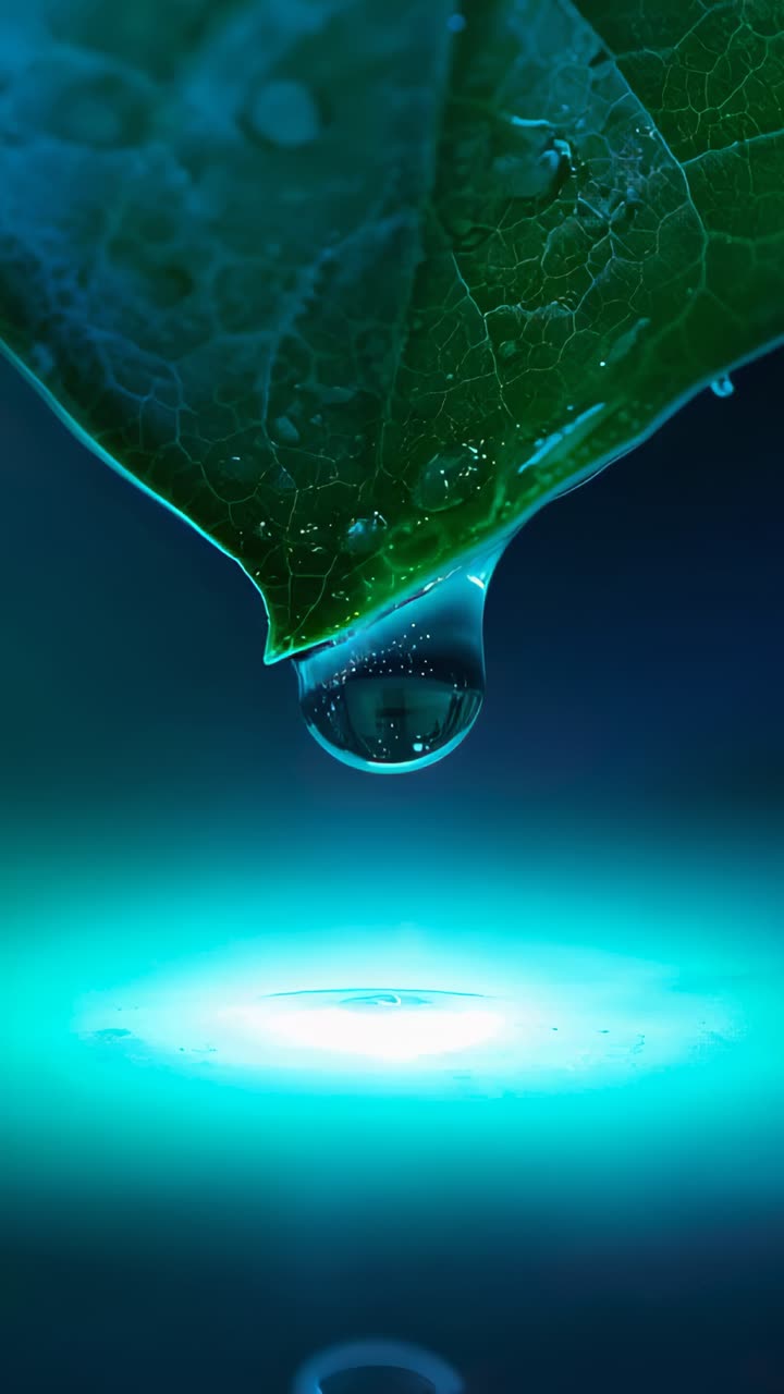 Vertical video: Drop forming on pointed leaf tip, tension releasing, falling into teal pool, rising