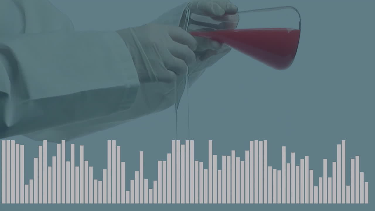 빨간 액체를 컵에 부어넣는 과학자 애니메이션을 바 그래프 데이터 위에