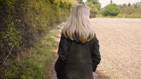 woman walking on a path through a field in autumn