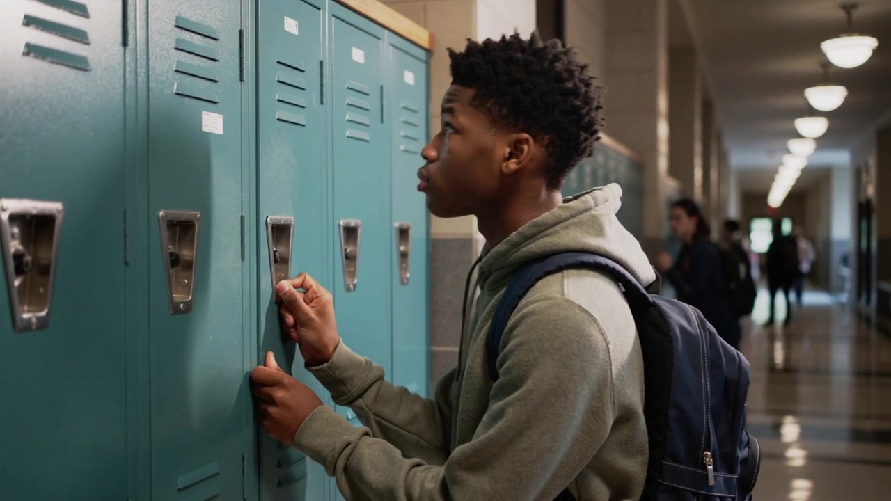 Locker opening as hoodie student securing latch at teal lockers carrying navy pack to lock books
