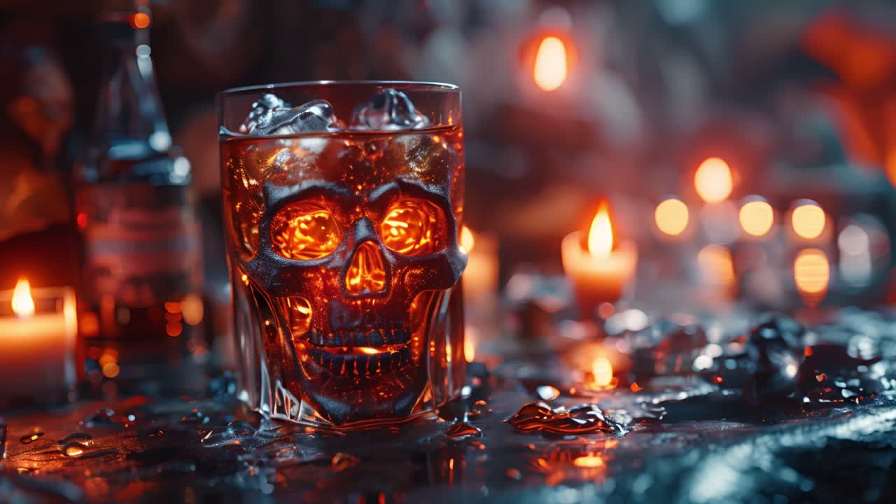 Spooky Skull Glass Drink with Glowing Eyes and Candles