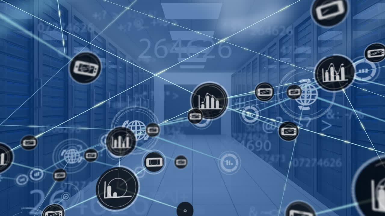 animación de la red de conexiones con iconos y procesamiento de datos sobre la sala de servidores