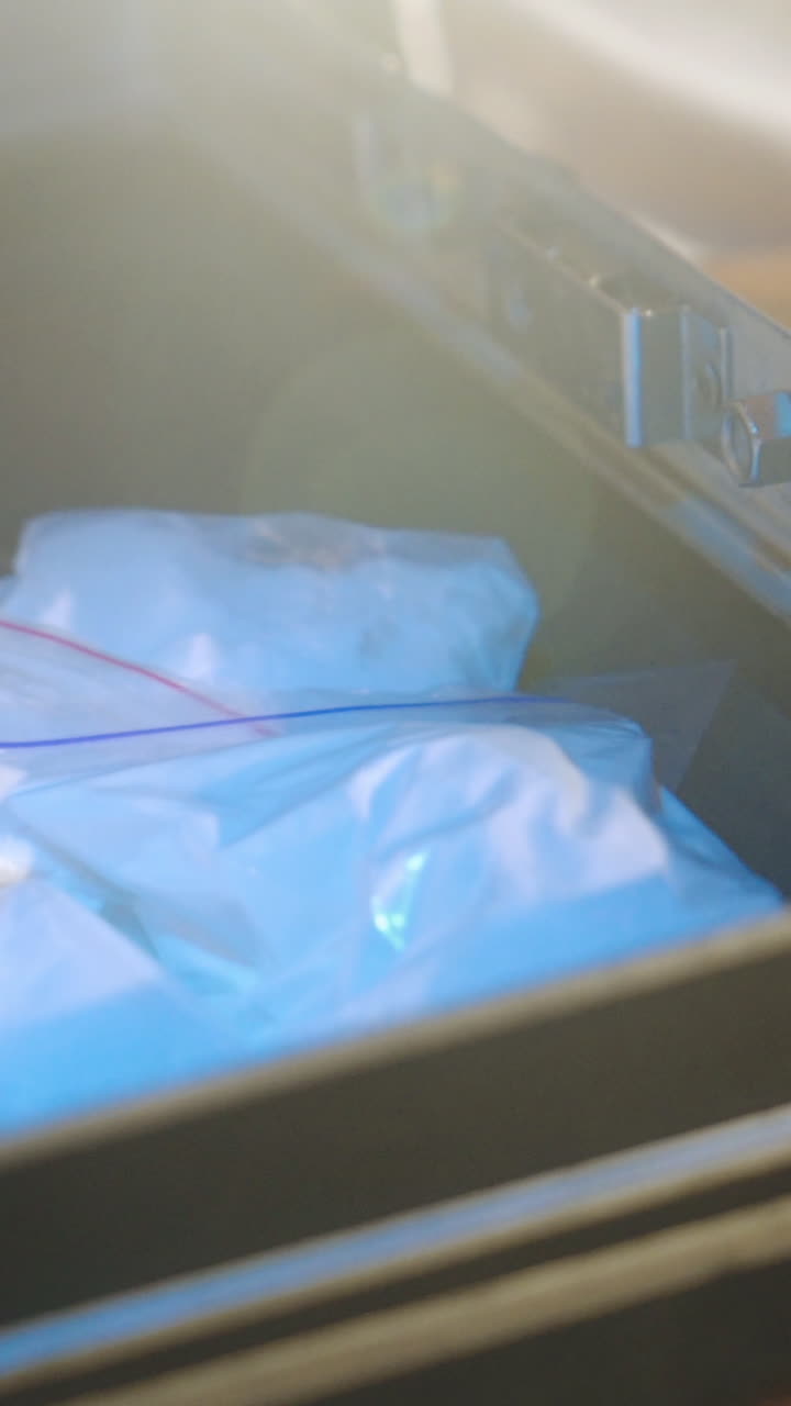 Close-up. Drug dealer is packing drugs into suitcase. Abuse of drugs. Criminal Business Vertical video