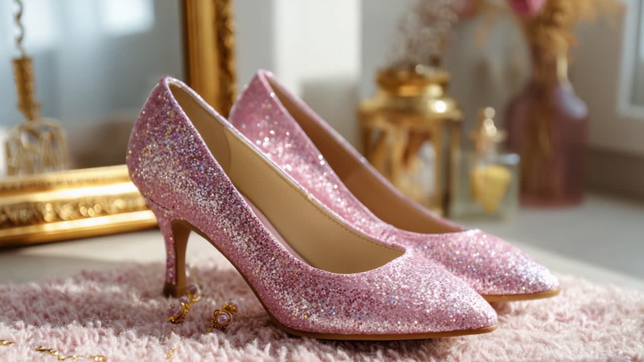 Décolleté rosa scintillanti esposte elegantemente alla luce naturale, che mostrano la loro texture brillante e lo stile sofisticato per gli appassionati di moda.