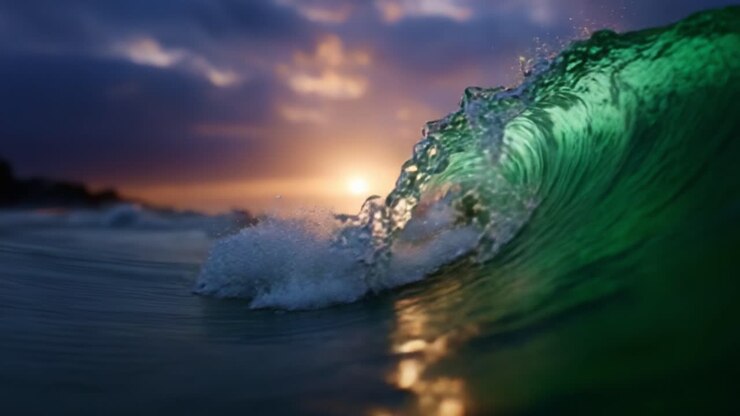 Captivating Waves at Sunset: A Stunning Display of Nature's Power and Beauty with Mesmerizing Colors and Dynamic Movement Captured in Two Striking Frames