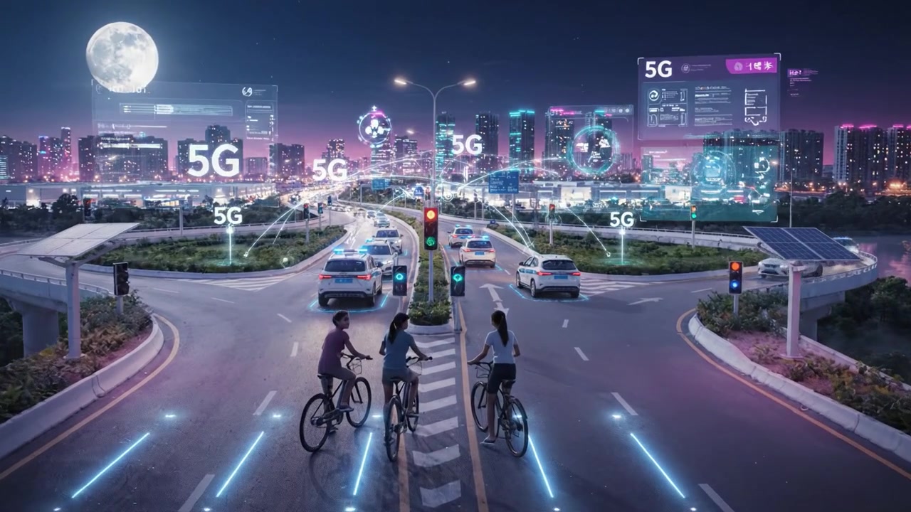 Futuristic Cityscape at Night with 5G Technology Integrating Autonomous Vehicles and Urban Infrastructure, Illuminated by City Lights and Moon Reflection