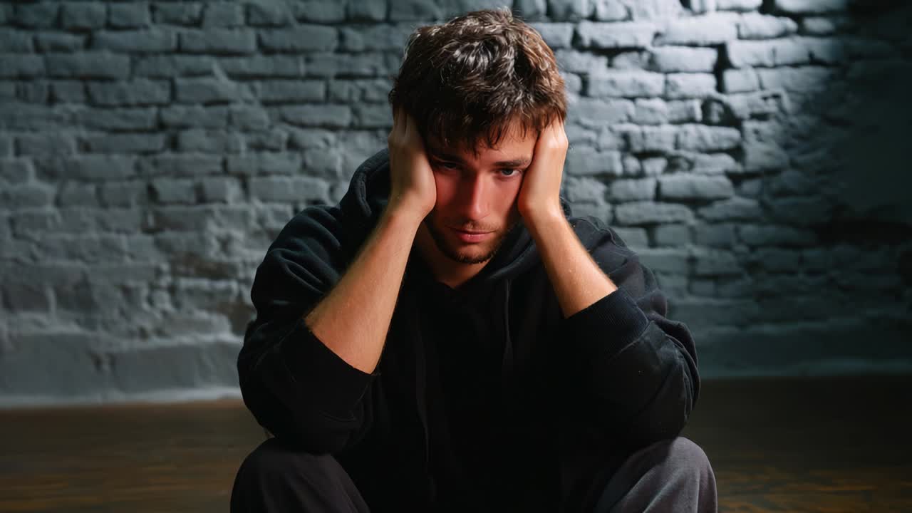 A Young Man in Contemplation: Expressing Deep Emotional Struggle and Reflection in an Introspective Moment Captured Against a Striking Brick Wall Background, Signifying Inner Turmoil and Isolation