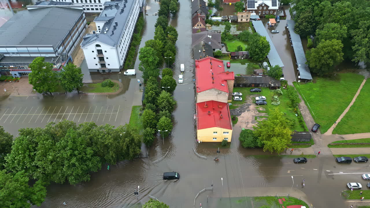 Flooded streets and buildings of Jelgava city, aerial view
