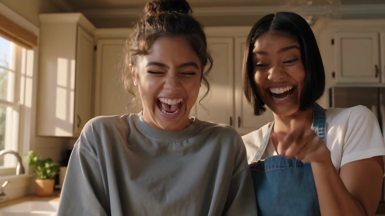 Noticing pancake finishing, two women guiding hands on pan at home, celebrating with denim apron