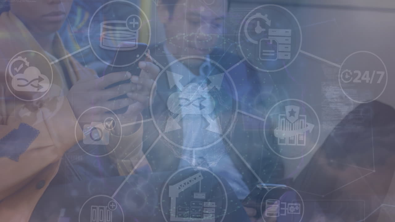 animación de la red de conexiones con iconos sobre el hombre de negocios que usa un teléfono inteligente