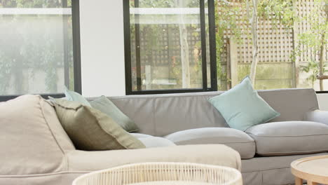 modern living room with cozy sectional sofa and decorative pillows near window, copy space