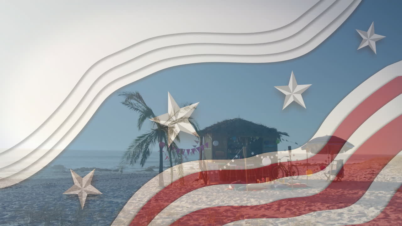 나무와 오두막이 있는 해변 장면 위에 미국 발을 흔들고 있는 애니메이션