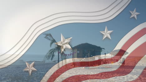 Waving-American-flag-animation-over-beach-scene-with-palm-tree-and-hut