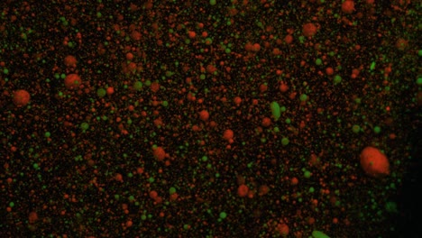 las partículas fluorescentes volumétricas naranja y verde se mueven y cambian en un fondo negro en movimiento, transición.