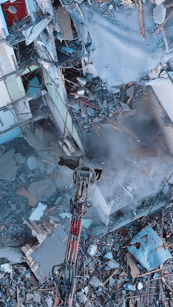 Drone view destroyed nature collapse. Outdoor ruined construction.