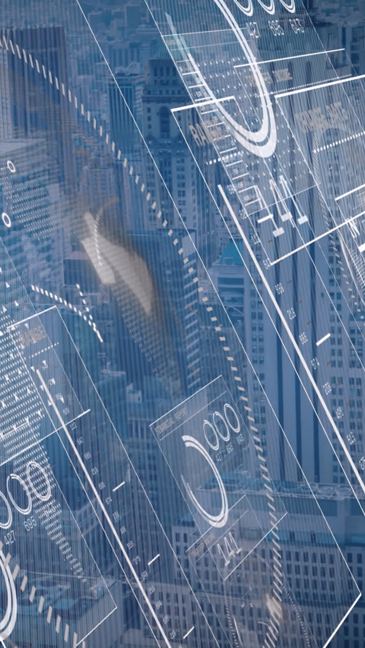 도시 풍경 위의 데이터 처리 애니메이션