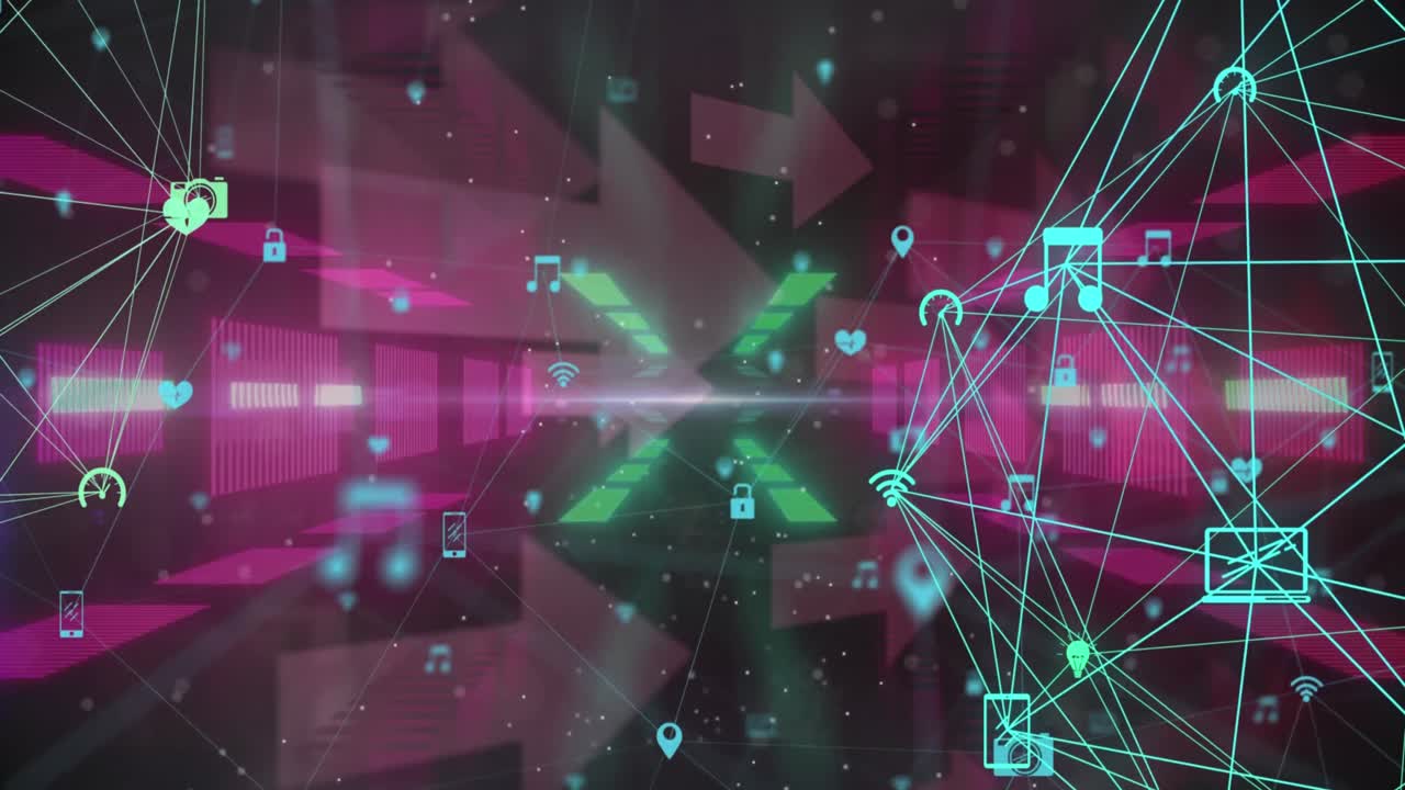 배경에 있는 화살표에 대항하여 터널을 형성하는 조명된 막대 위에 연결된 아이콘의 애니메이션