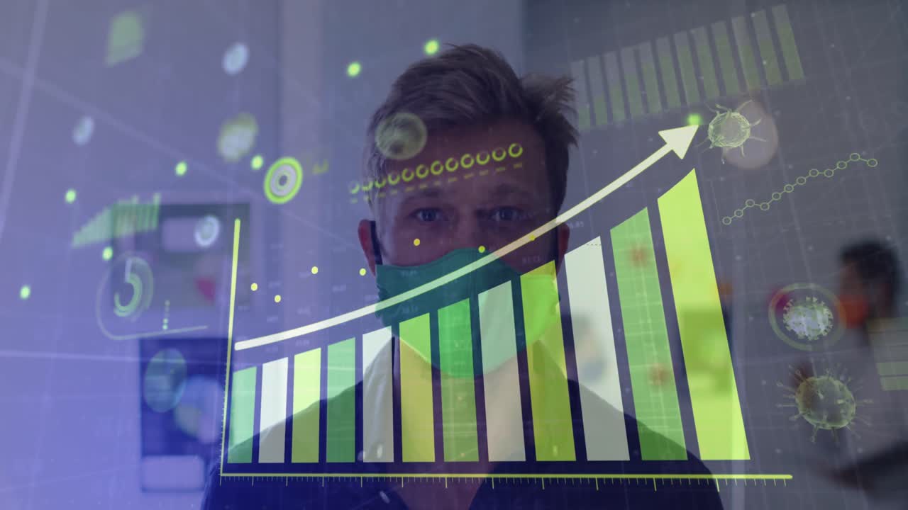 procesamiento de datos estadísticos de covid 19 contra un hombre ajustando su máscara facial en la oficina