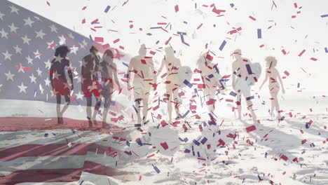 us flag waving and confetti falling against group of friends with surfboard walking on the beach