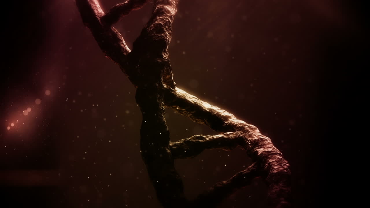 어두운 배경에 회전하는 dna 가닥 위에 떨어지는 점의 애니메이션