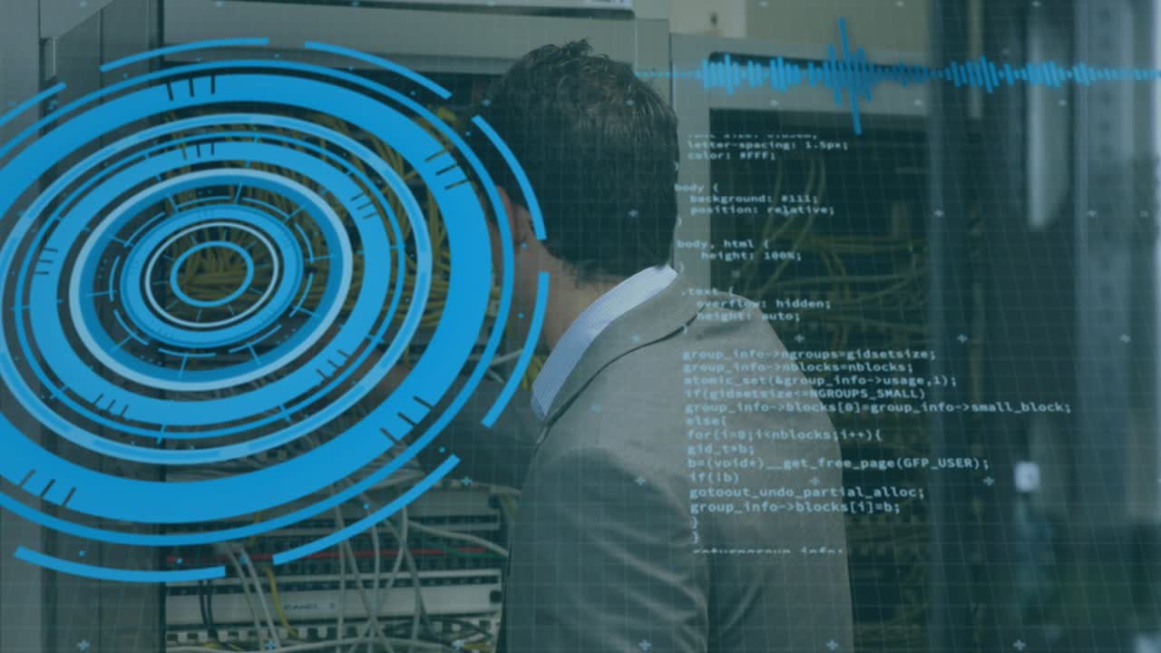 Animation of scope scanning and data processing over caucasian male it technician by computer server
