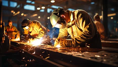 skilled workers welding in a busy industrial workshop at dusk