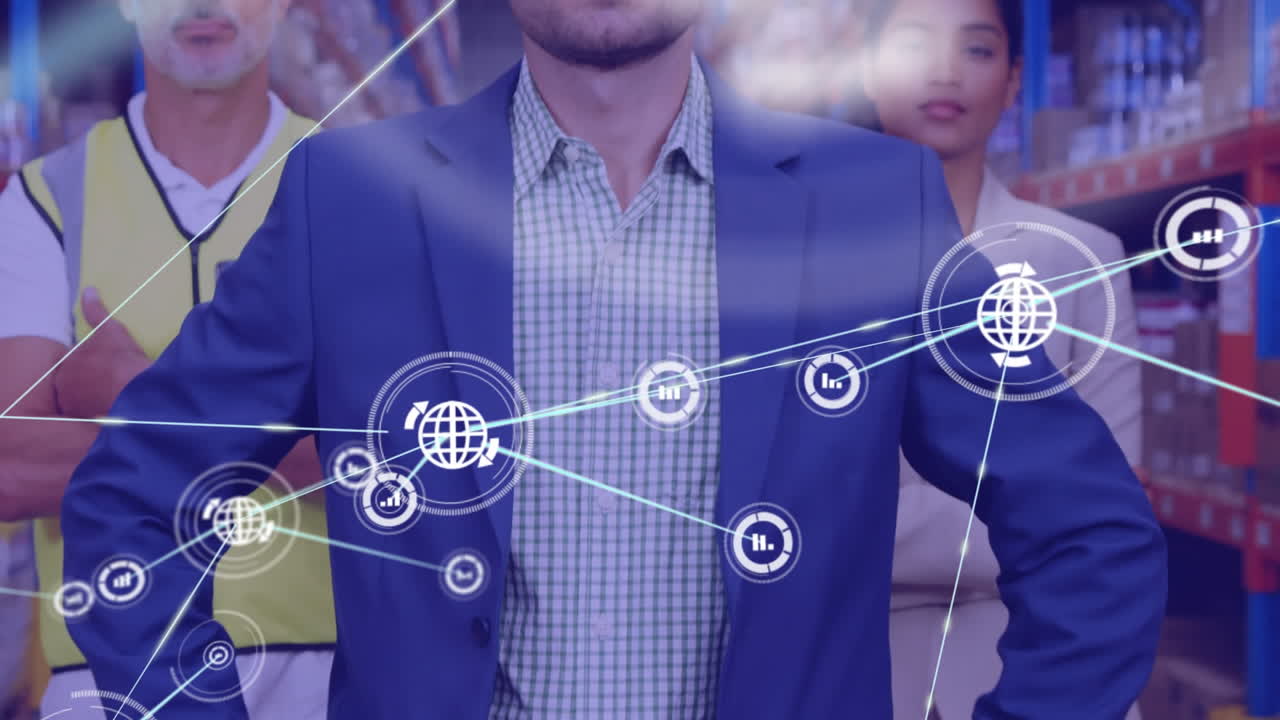 red de iconos digitales sobre retratos de supervisores masculinos y femeninos y trabajadores masculinos en el almacén