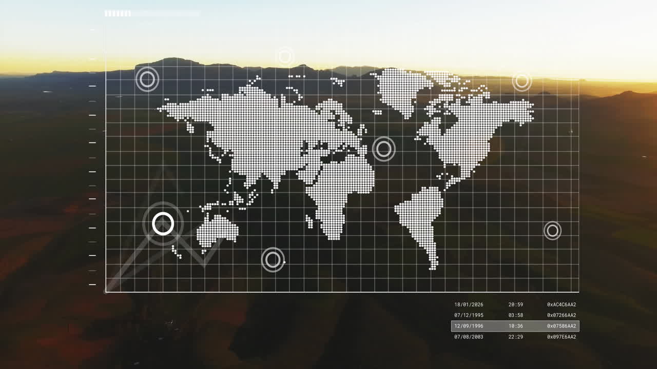 animación de gráficos, mapa y barra de carga sobre vista panorámica de las montañas contra el cielo