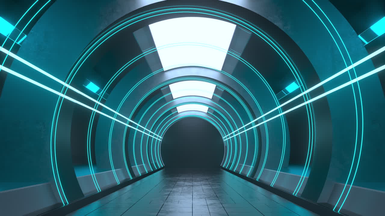 빛나는 네온 조명과 함께 어두운 둥근 터널, 3d 렌더링