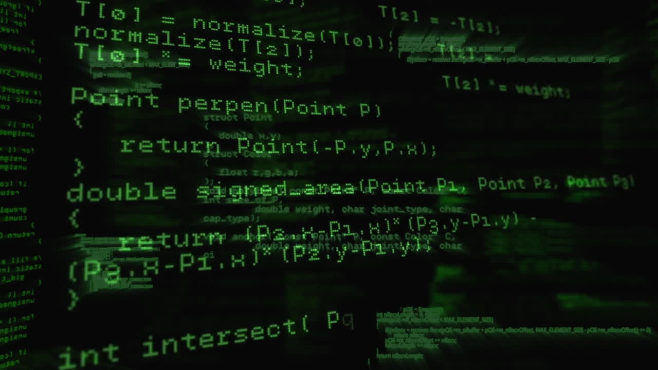 Green code lines and mathematical formulas animation over dark background