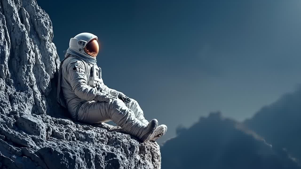 바위 위 에 앉아 있는 우주 비행사