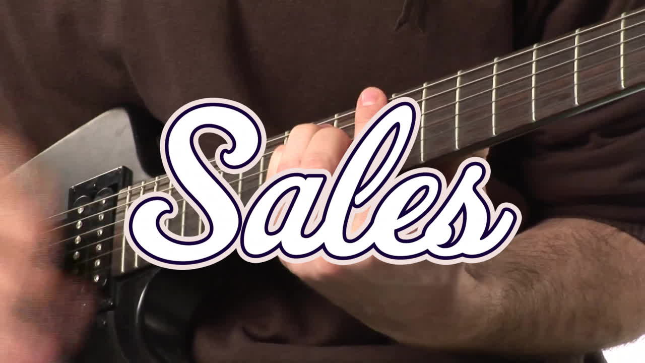 animación de texto de ventas sobre hombre caucásico tocando la guitarra