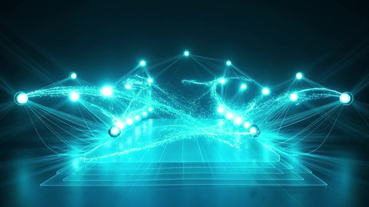 Abstract Digital Stage with Glowing Blue Light Particles and Network Connections