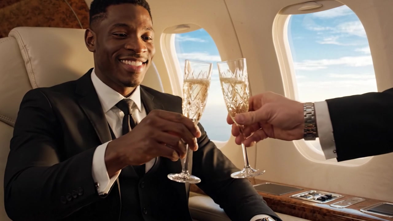 Un viaggiatore elegante si gode un'esperienza di volo di lusso sorseggiando champagne in una cabina di jet privato di alto livello con viste panoramiche all'esterno