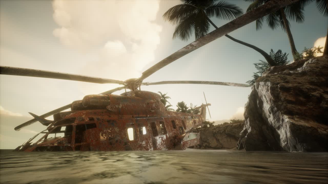 섬 근처 에 있는  ⁇ 은 군용 헬리 ⁇ 터