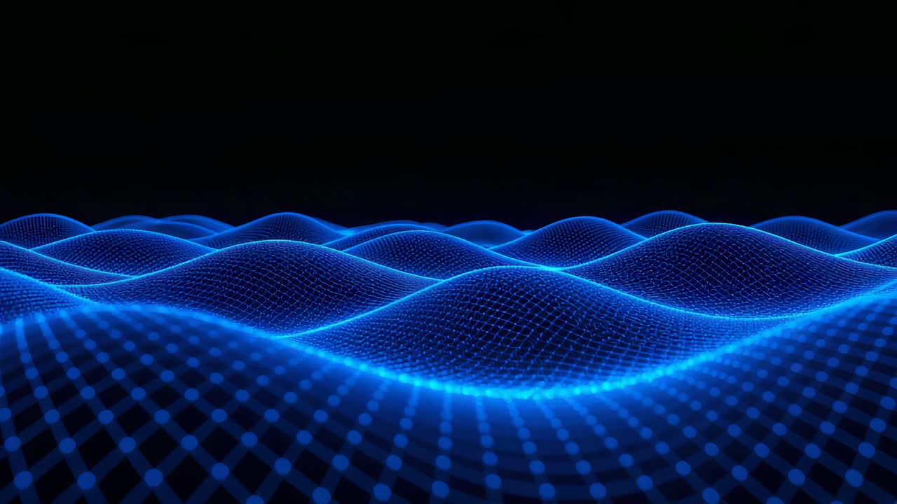 Undulating neon-blue wireframe mesh traveling across deep black void at low horizon, pulsing nodes
