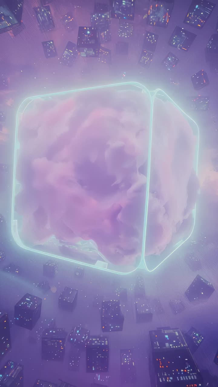 Vertical video: Rotating translucent cuboid neon cyan opening seam above lit cube ring, mist moving
