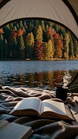 A cozy tent interior view with open books and a mug, overlooking a serene lake and autumn forest