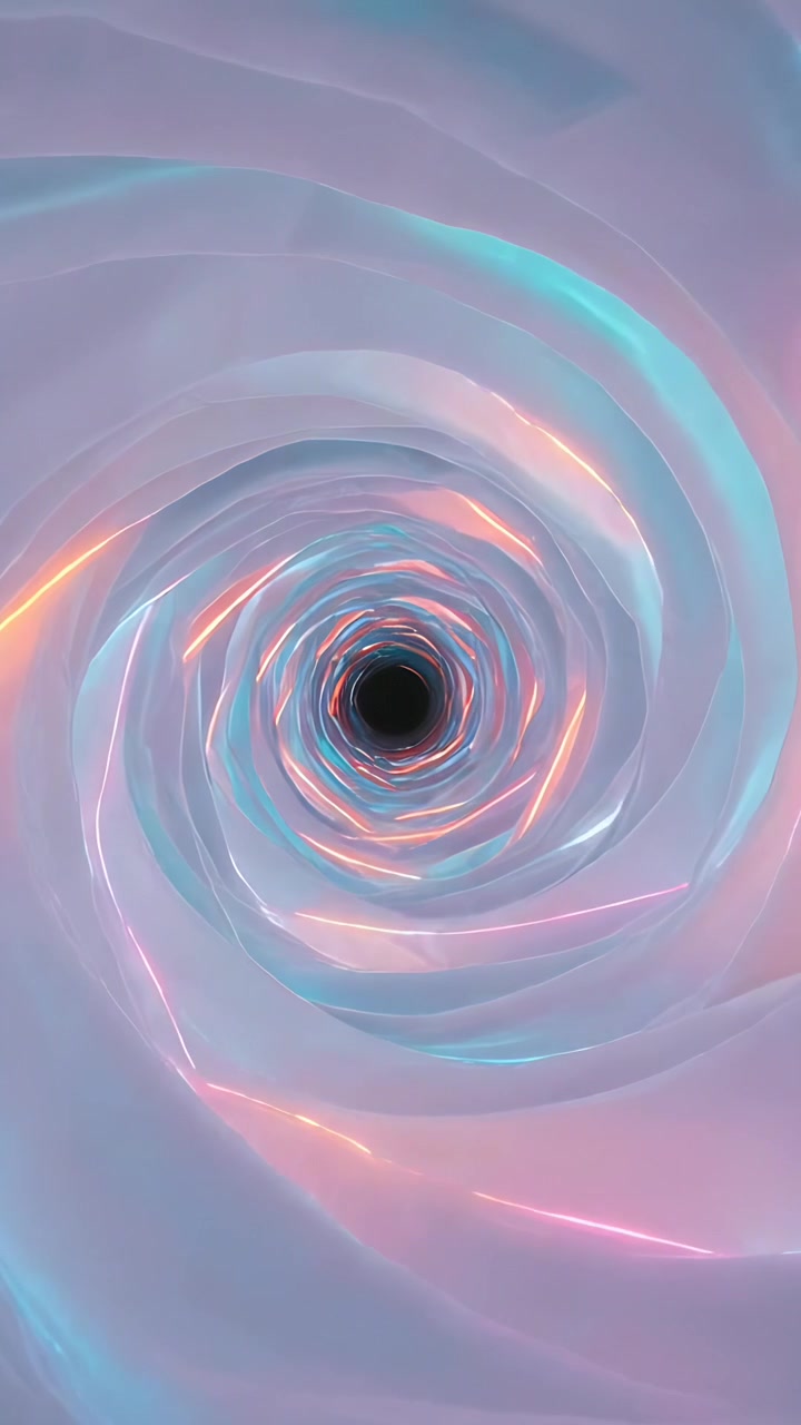 Vertical video: Starting camera push, spiral tunnel rotating inward in ribbon walls with neon void